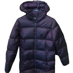 Women’s Eddie Bauer MIDI length Hooded puffer jacket size S Eggplant Purple